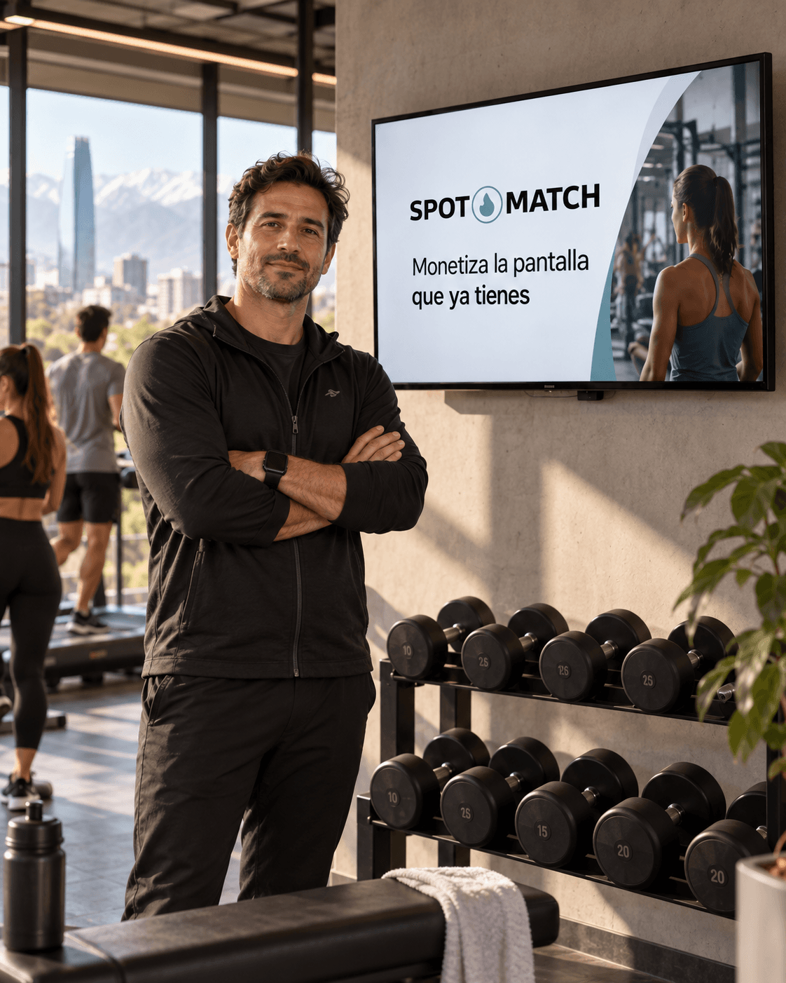 Dueño de un local junto a su pantalla SpotMatch