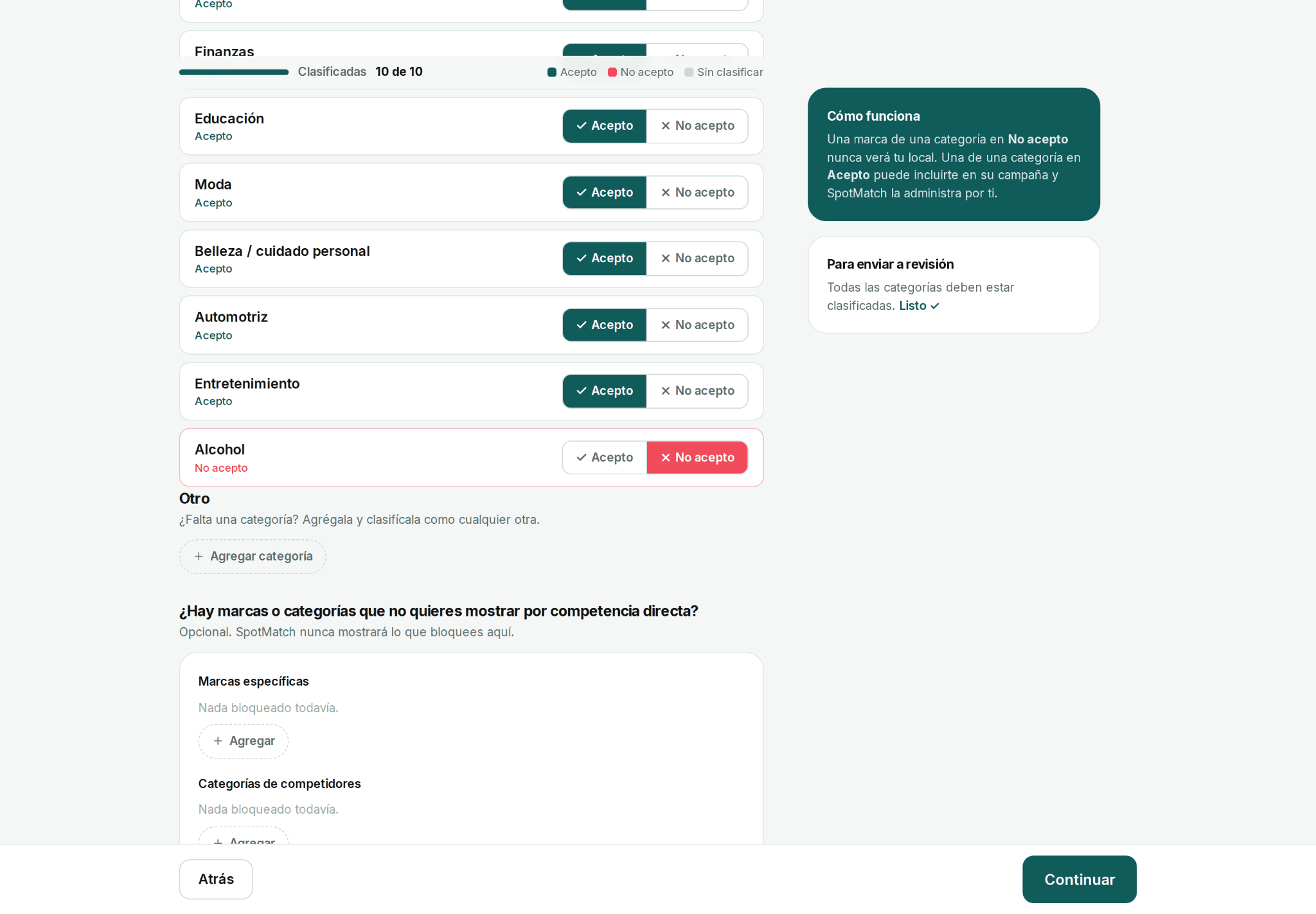 Clasificador de publicidad del local: Acepto y No acepto por categoría