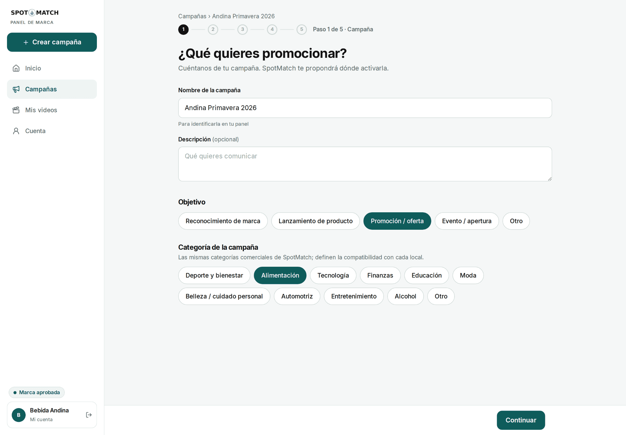 Formulario para crear una campaña: nombre, objetivo y categoría