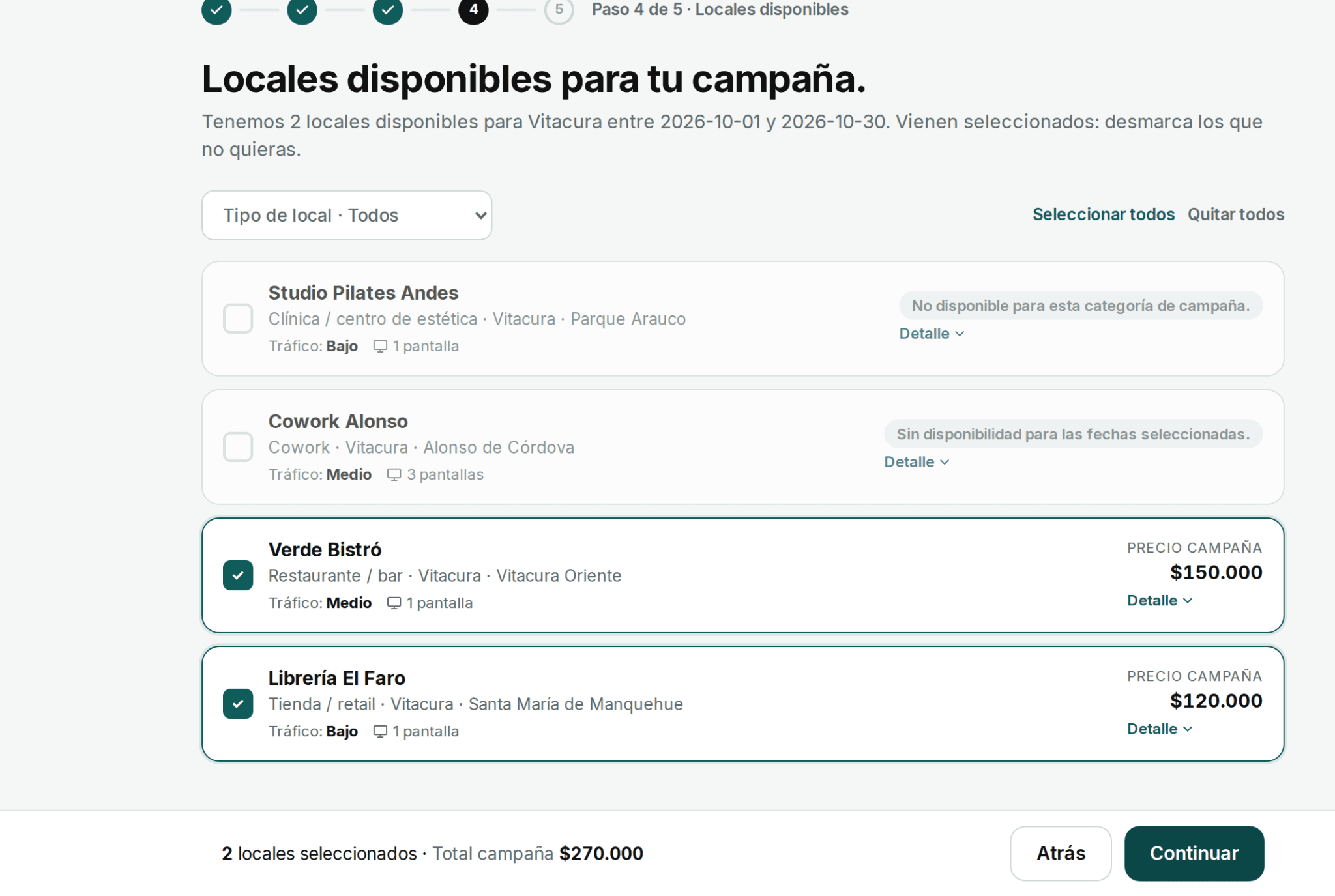 Propuesta de locales: selección con precio por local y total de campaña